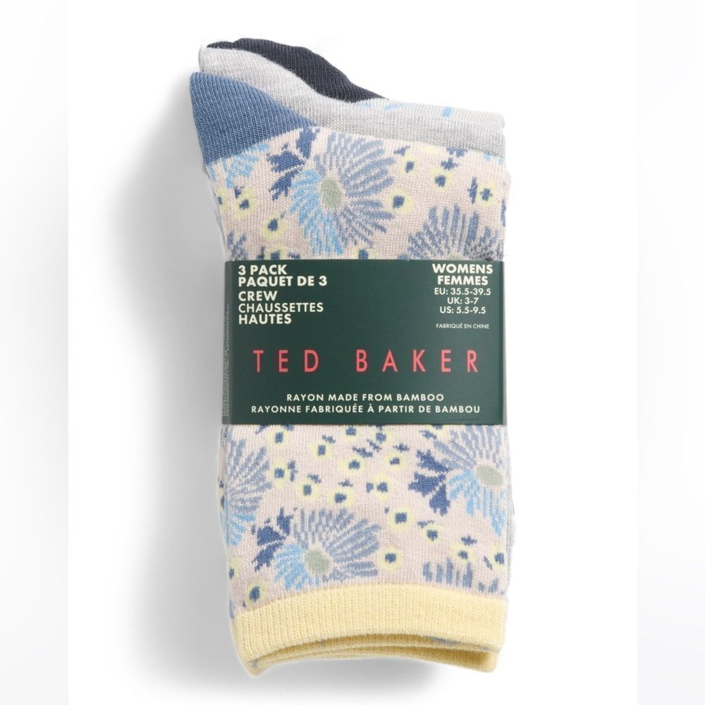 Ted Baker Blue Yellow Floral Dress Crew cut Knit Bamboo Blend Socks 3 pack